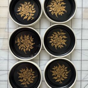 Set of 6 Vintage White and Black with Gold Floral Design Coasters Made in Japan